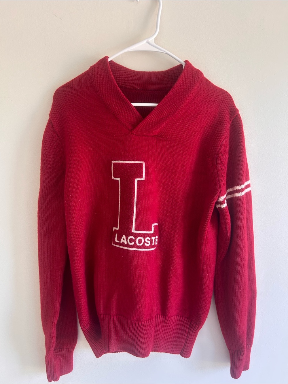 Lacoste Crimson V-Neck Varsity Style Sweater